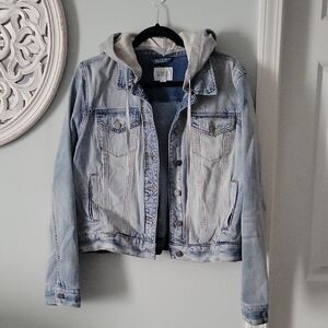 Market & Spruce Blue Denim Jacket with Gray Hood